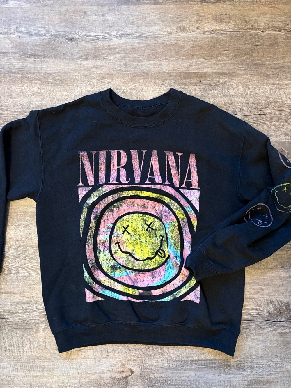 Nirvana Black Tie-Dye Smiley Crewneck Sweater